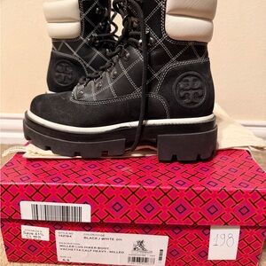 Tory Burch Black and White Quilted Lug Lace-Up Boots